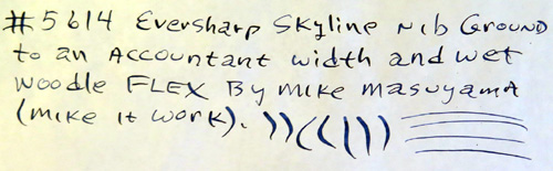 AN OLD ROYAL FOUNTAAIN PEN THAT HAS BEEN OUTFITTED WITH AN EVERSHARP SKYLINE NIB THAT HAS BEEN RE-GROND BY MIKE MASUYAMA (MIKE IT WORK) TO MAKE IT INTO A WET NOODLE WITH AN ACCOUNTANT WIDTH (THAT'S SUPER FINE)